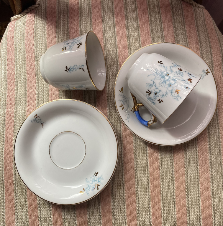 Beautiful cups and saucers with flower, enamel and gold decoration Sitzendorf Germany