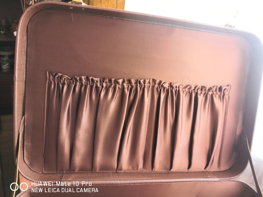 Retro travelling luggage (leather outer), labelled originally, in good functional condition