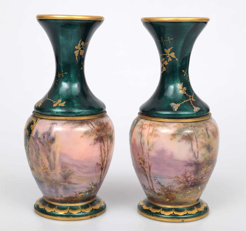 Two Limoge style porcelain vases with painting and enamels