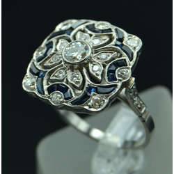 Platinum art-deco style ring with diamonds and sapphires