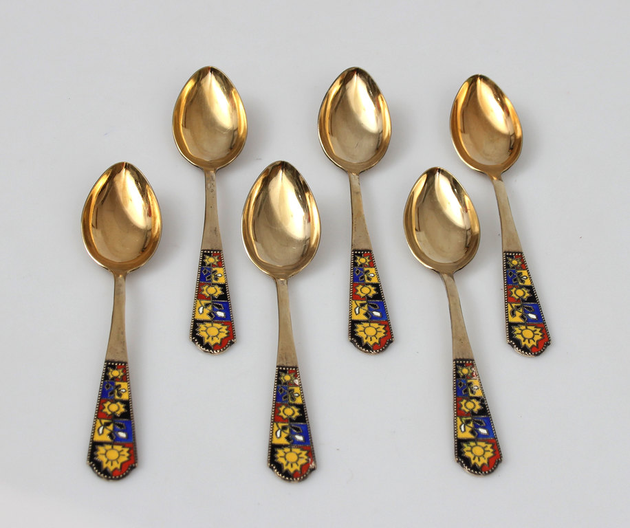 Silver spoons with gilding and enamel (6 pcs.)