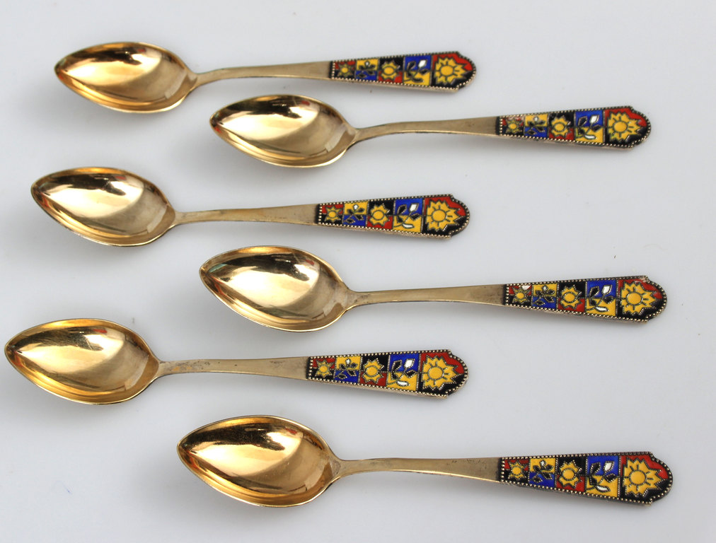 Silver spoons with gilding and enamel (6 pcs.)