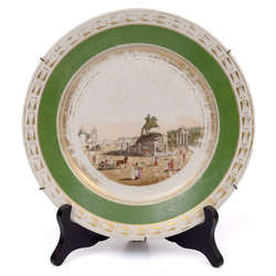 Porcelain plate with a drawing of the monument of Peter I