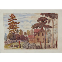 Two landscapes - a house in the forest, on the river bank (2 pcs.)