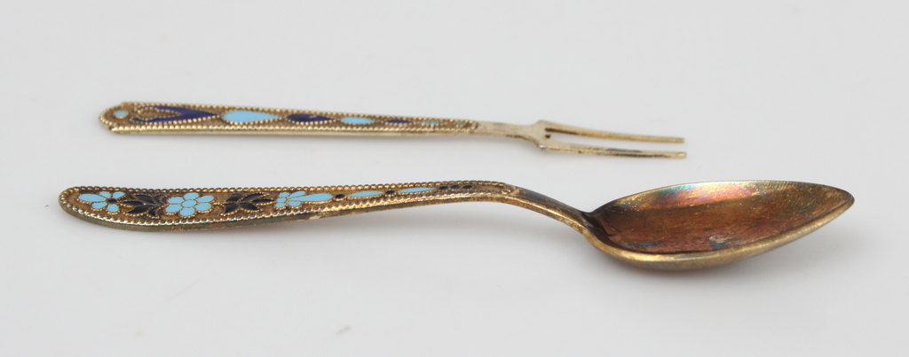 Серебряная ложка и вилка с эмалью