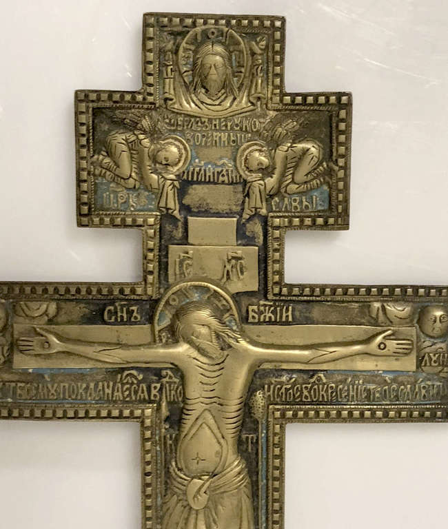 Bronze icon cross with two-tone enamel