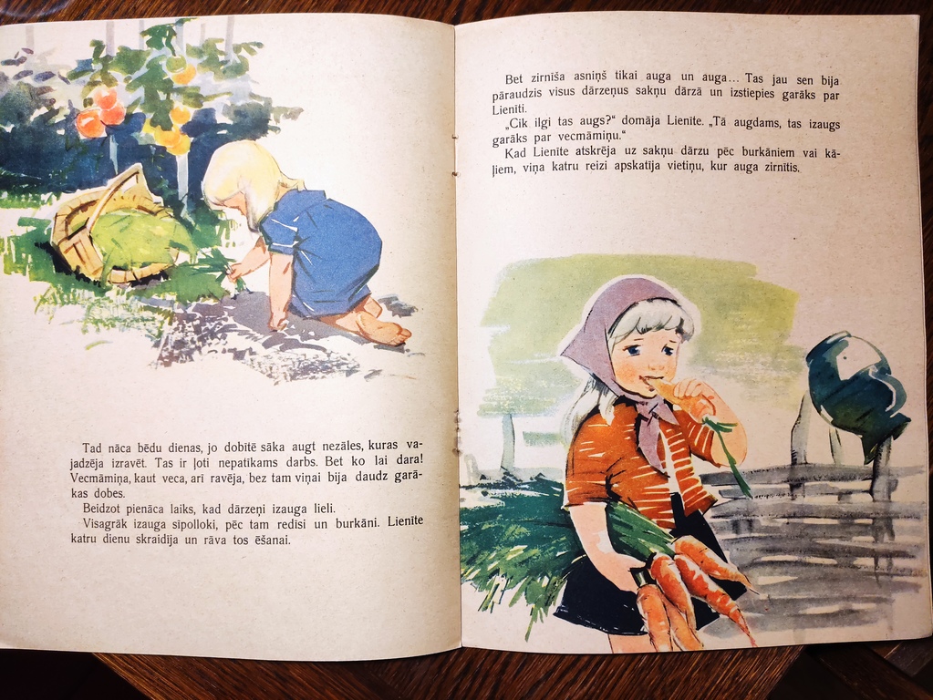 “Lelle no zirnīša”, 1962, V. Borozdins,  Latvijas Valsts izdevniecība Rīgā, 12 lpp., ilustrējis T. Banis, 22 x 28