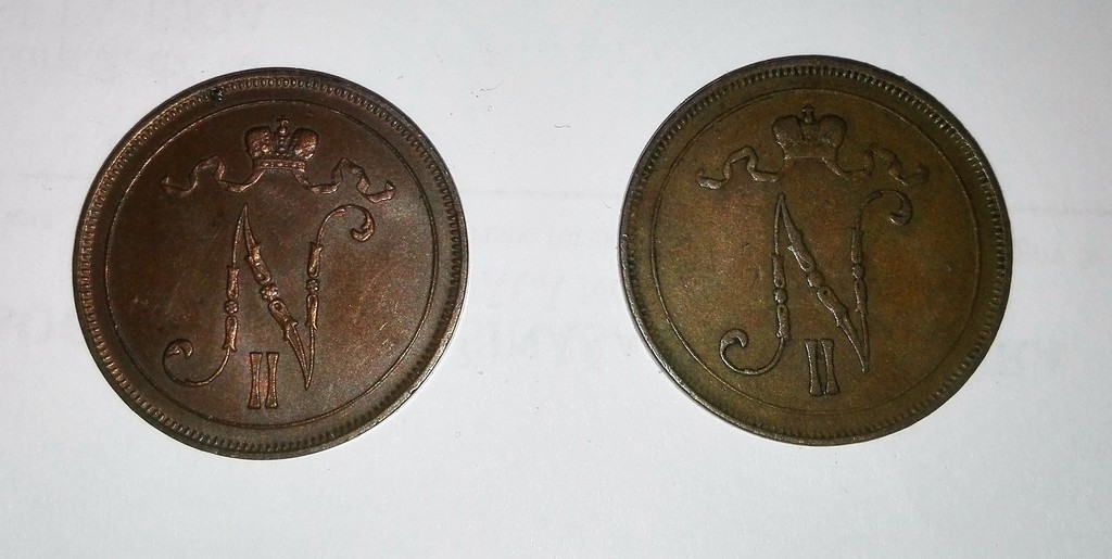 Divas 10 pennia monētas, 1905, Somija (Krievijas Impērija), 3 x 3 cm