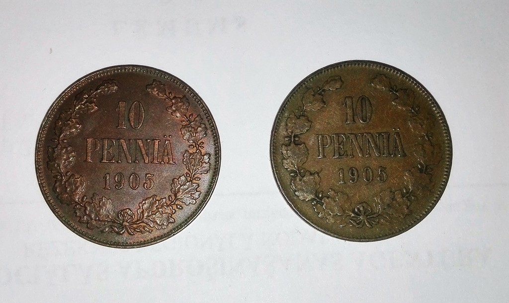 Two 10 pennia coins, 1905, Finland (Russian Empire), 3 x 3 cm
