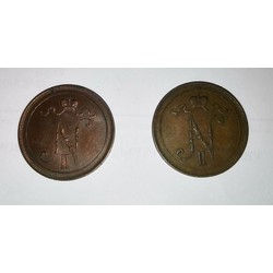 Two 10 pennia coins, 1905, Finland (Russian Empire), 3 x 3 cm
