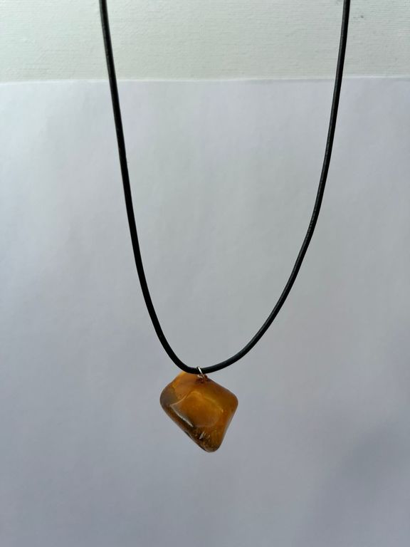 Vintage Yellow Amber Pendant Leather Necklace with Silver Clasp