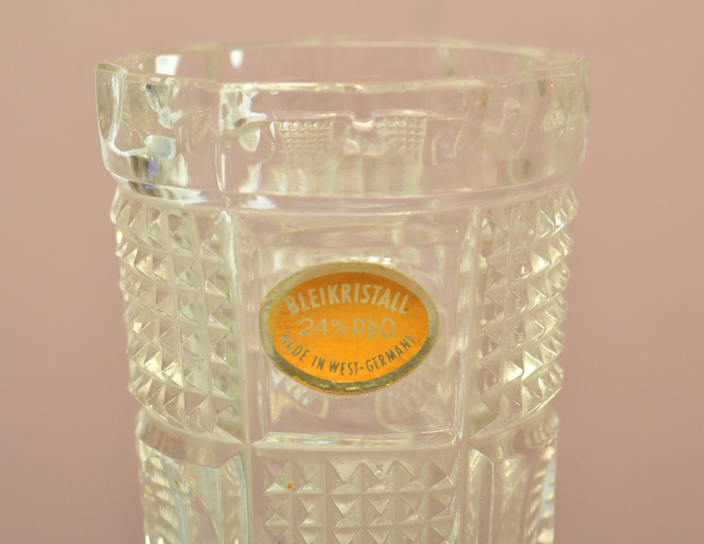 Crystal vase with label and two crystal glasses