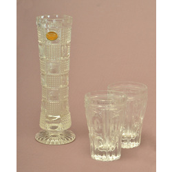 Crystal vase with label and two crystal glasses