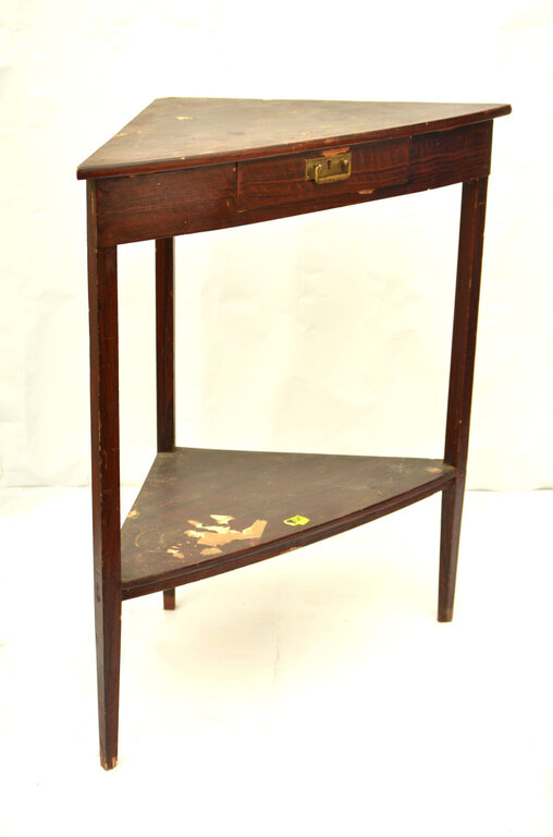 Wooden corner table with drawer and shelf