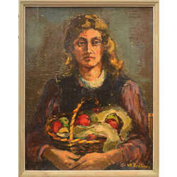 A woman with a basket of apples