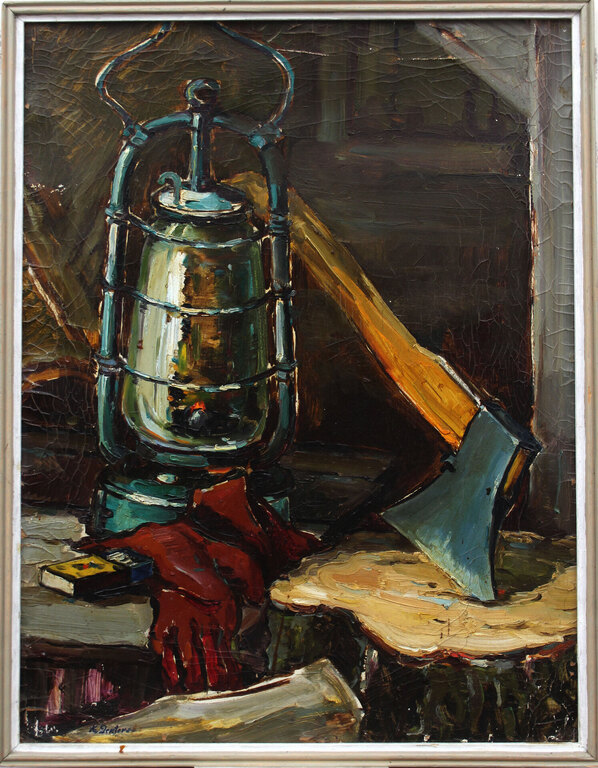 Still life with a lamp and an ax