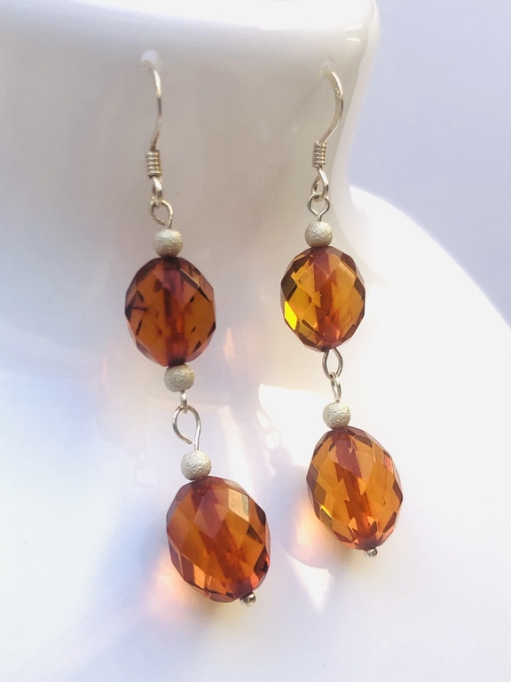 Silver earrings with natural Amber, diamond setting