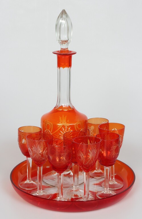 Colored glass set - Carafe with cork, tray, 8 glasses