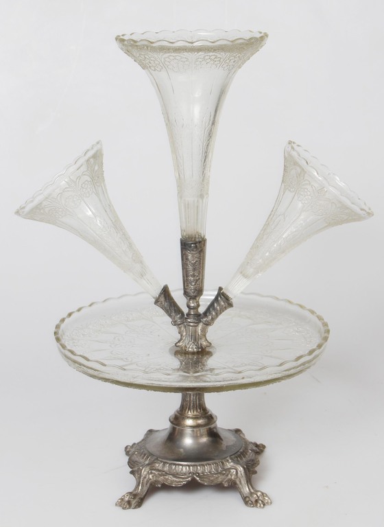 Glass serving dish with a silver-plated metal base