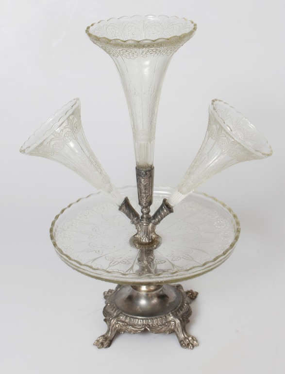 Glass serving dish with a silver-plated metal base