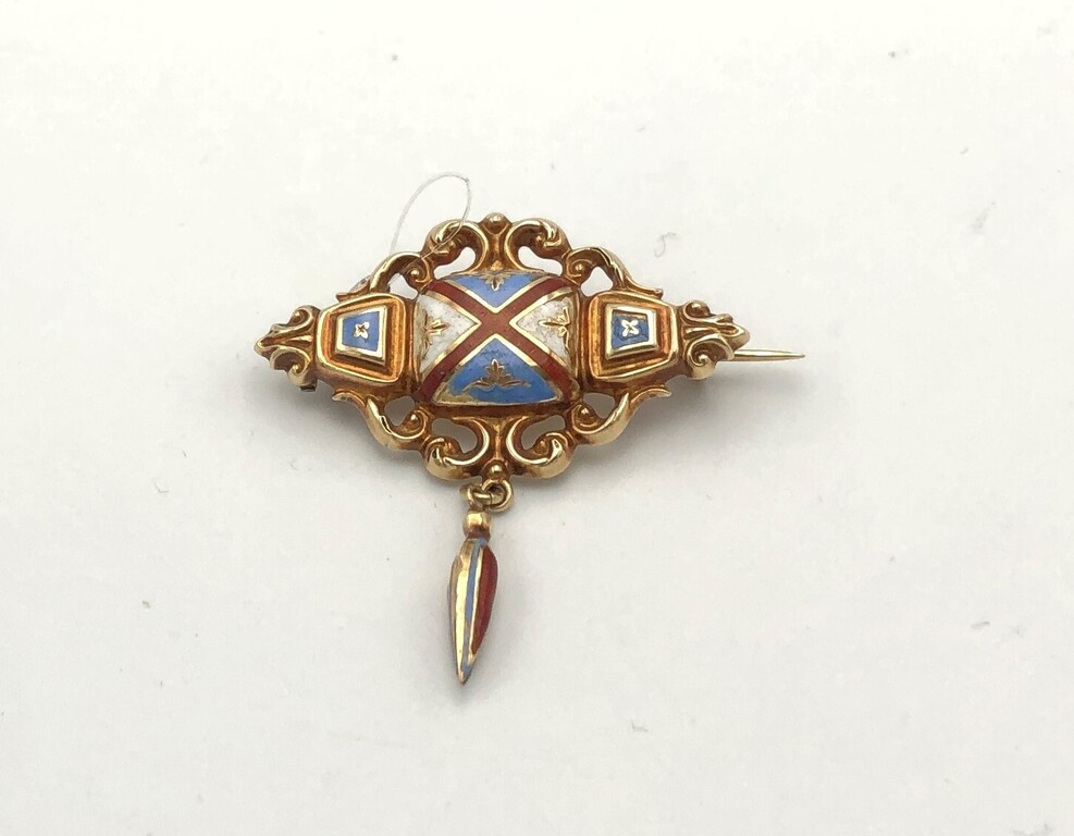 Gold brooch with enamel and inlay