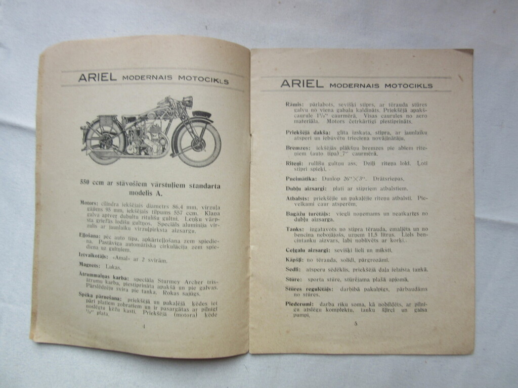 Motocikls ARIEL reklāmas buklets + foto 1930ie gadi
