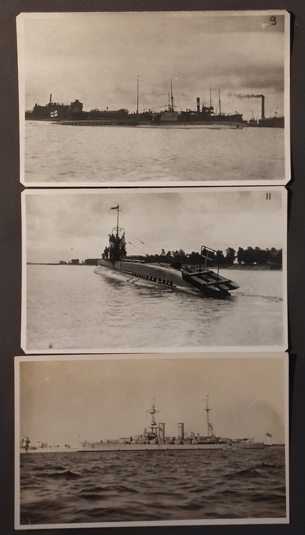 3 fotogrāfijas. Latvijas karaflotes 2 zemūdenes un 1 karakuģis 1930-40 g.
