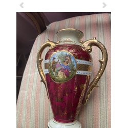 French Limoges style porcelain painted amphora, vase with gilded decorations, beautifully designed