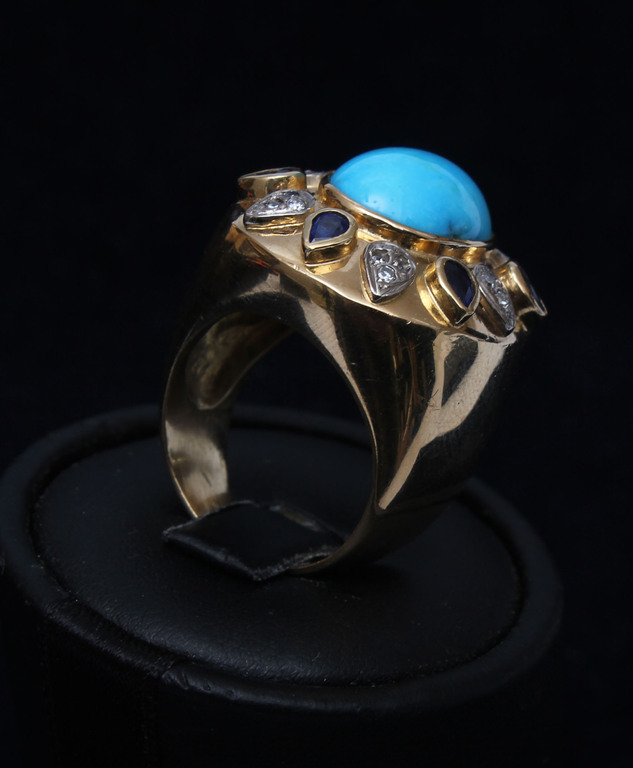 Gold ring and earrings with diamonds, sapphires, and turquoise