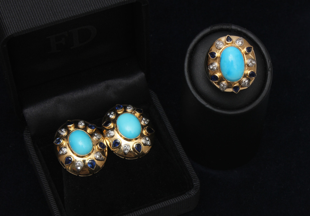 Gold ring and earrings with diamonds, sapphires, and turquoise