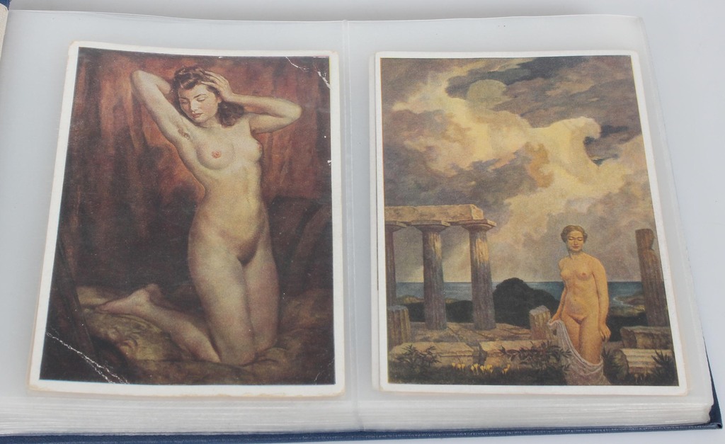 Collection of postcards with reproductions of paintings of female nudes, 63 pieces (in a blue album)