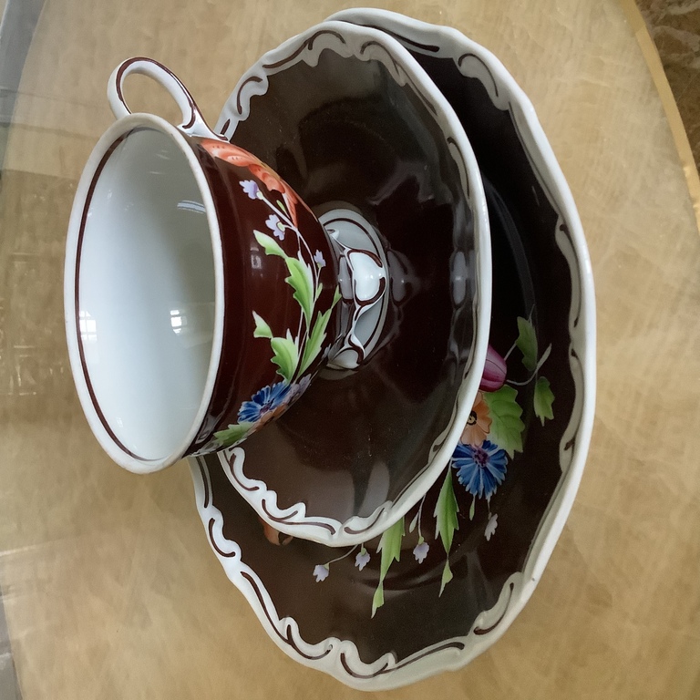 Tea trio, Hand-painted, Lichte, GDR, 1950 unique hand-painted and preserved
