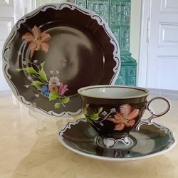Tea trio, Hand-painted, Lichte, GDR, 1950 unique hand-painted and preserved