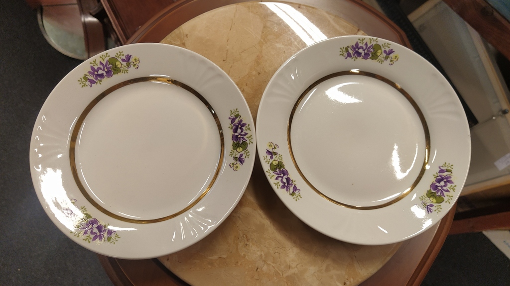Porcelain pitcher, cream dishes (4 pcs.) and two plates (total - 6 pcs.)