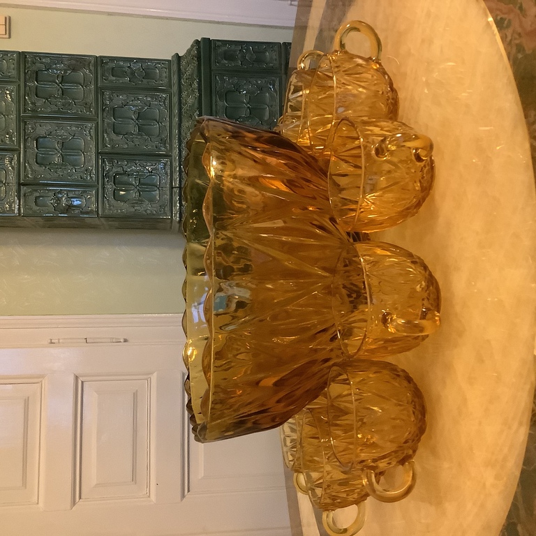 Compote and 11 cups for the bell, Amber (honey) glass. Bohemia. Art Deco.