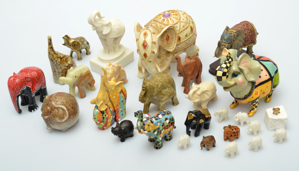 Decorative elephants of various materials 27 pcs