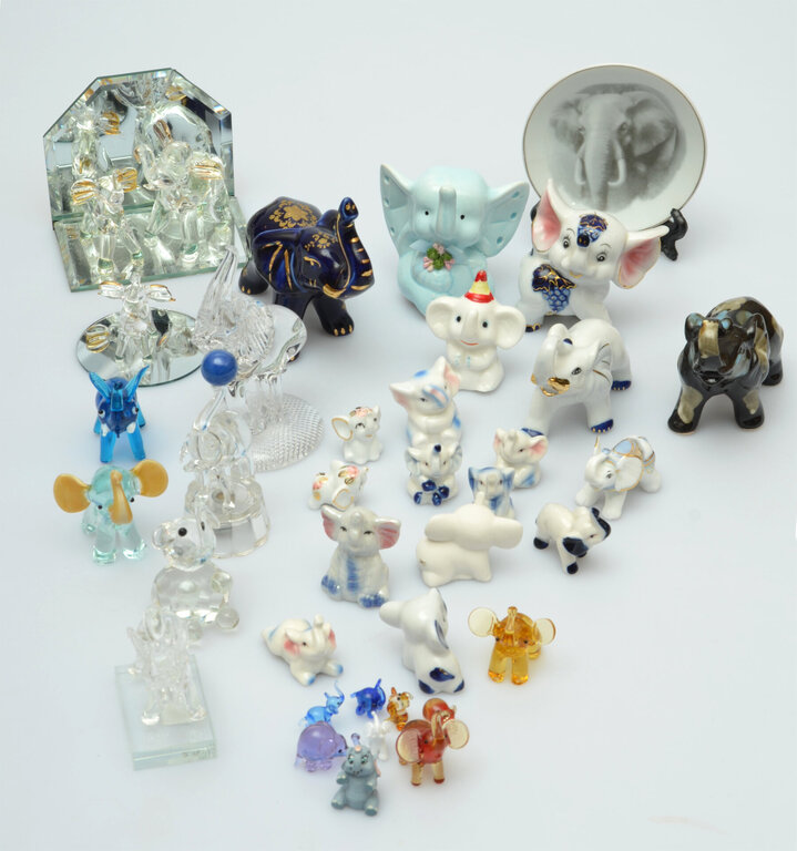 Various glass and porcelain elephants 35 pcs.