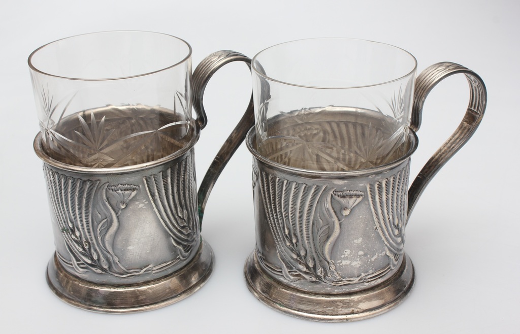 Metal tea cup holders with glass (2 pcs)