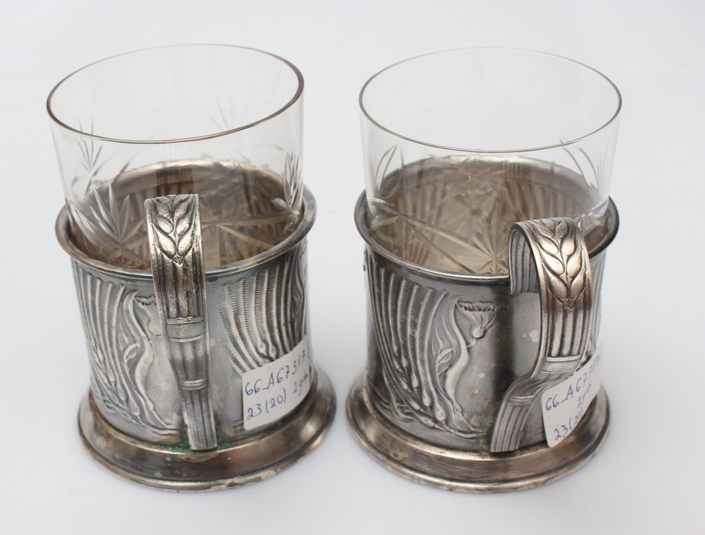 Metal tea cup holders with glass (2 pcs)