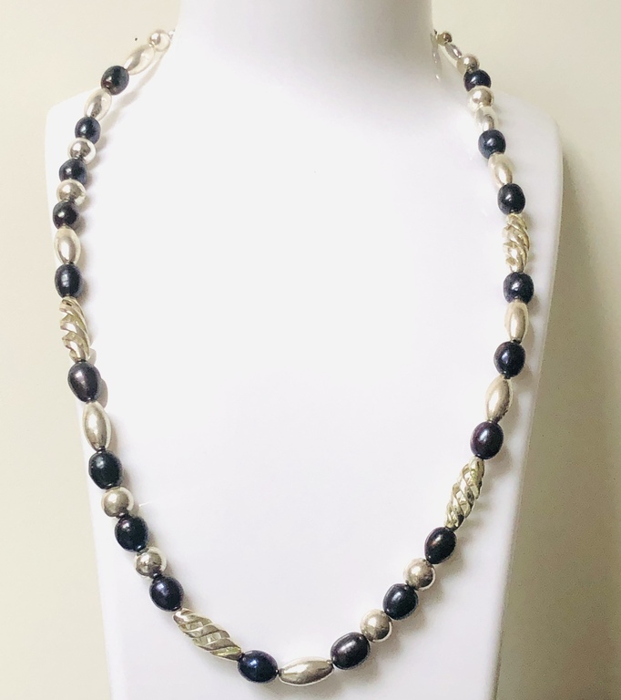 Black freshwater pearl necklace with silver and other metal elements