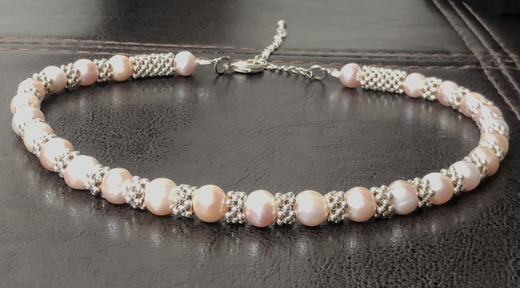 Lavender freshwater pearl necklace with silver and metal elements