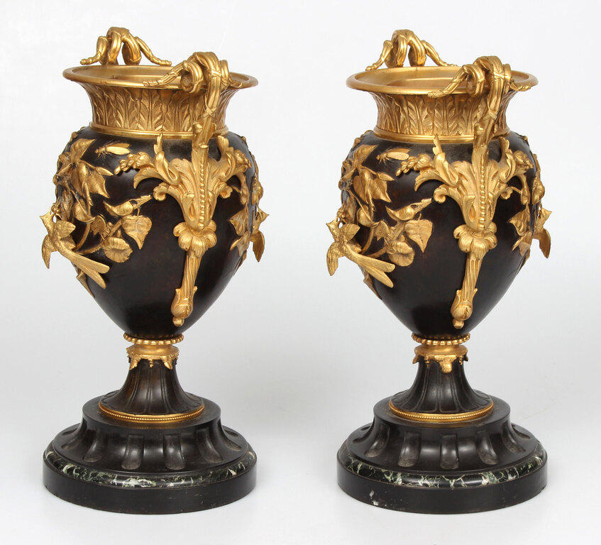 Pair of stone vases with bronze finish