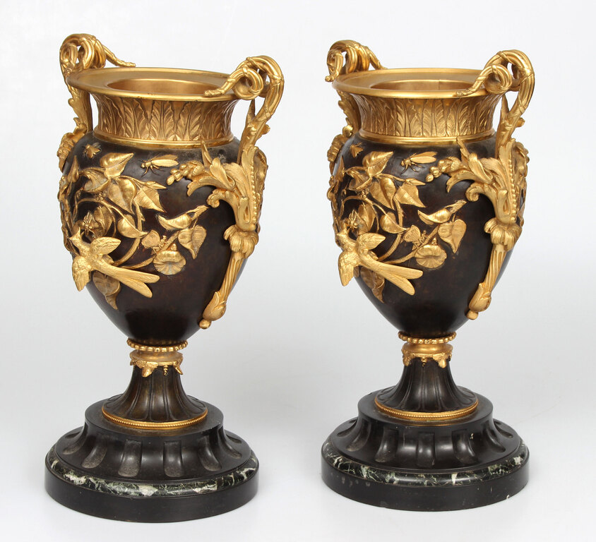 Pair of stone vases with bronze finish