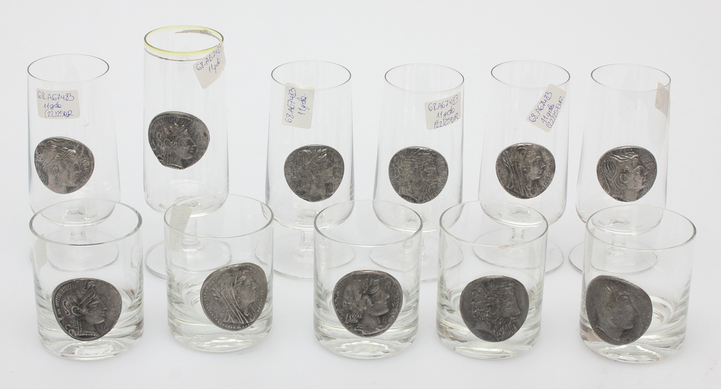 Glass glasses with metal decoration (11 pcs.)