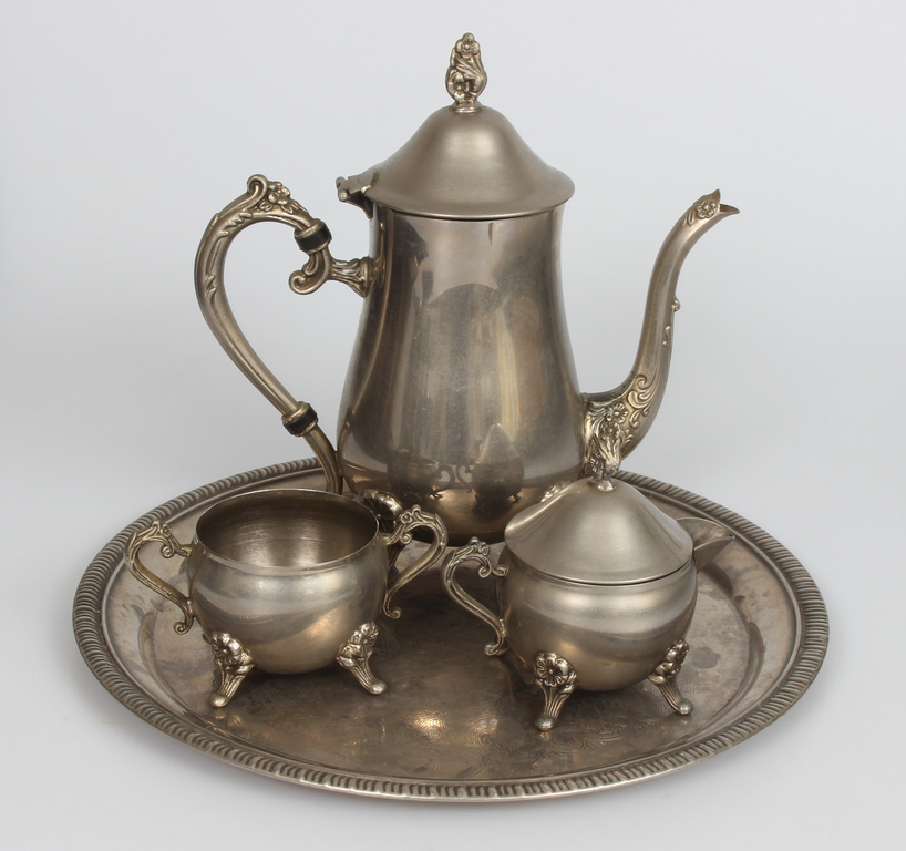 Metal tray, teapot, creamer and sugar bowl