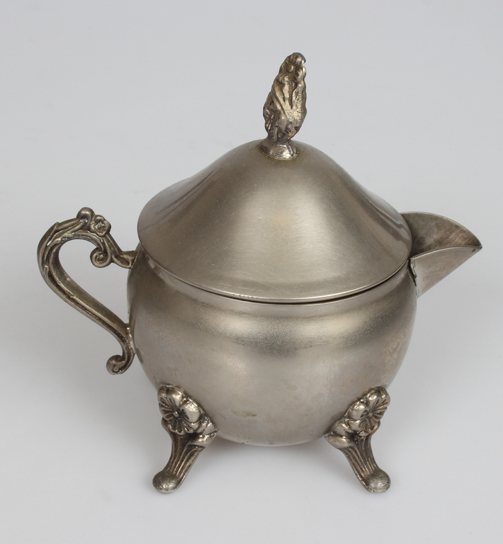 Metal tray, teapot, creamer and sugar bowl