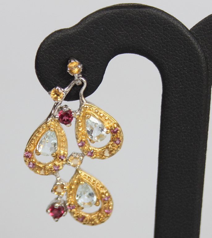 Silver earrings with yellow sapphires, garnets, rhodolites, citrines, aquamarines, tourmalines