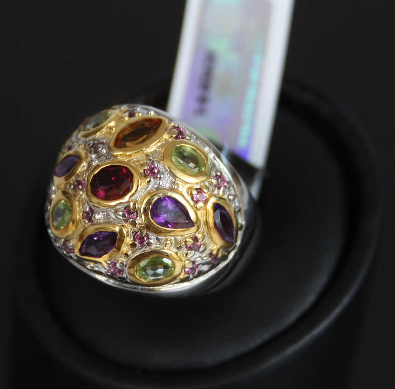 Silver ring with rhodolites, amethysts, peridots, citrine