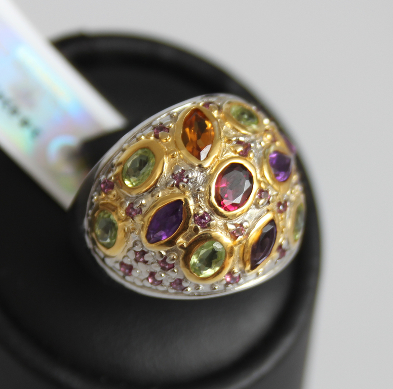 Silver ring with rhodolites, amethysts, peridots, citrine