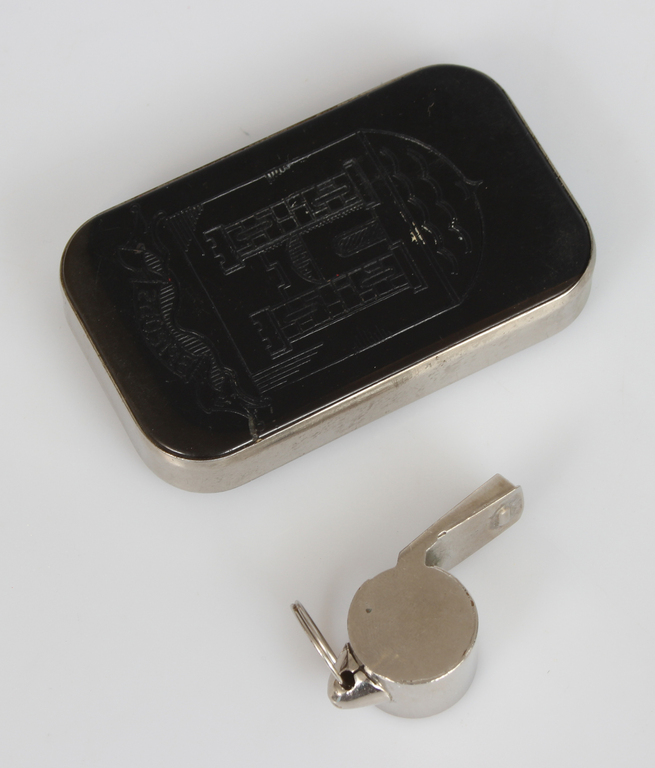 Metal coin holder and metal whistle